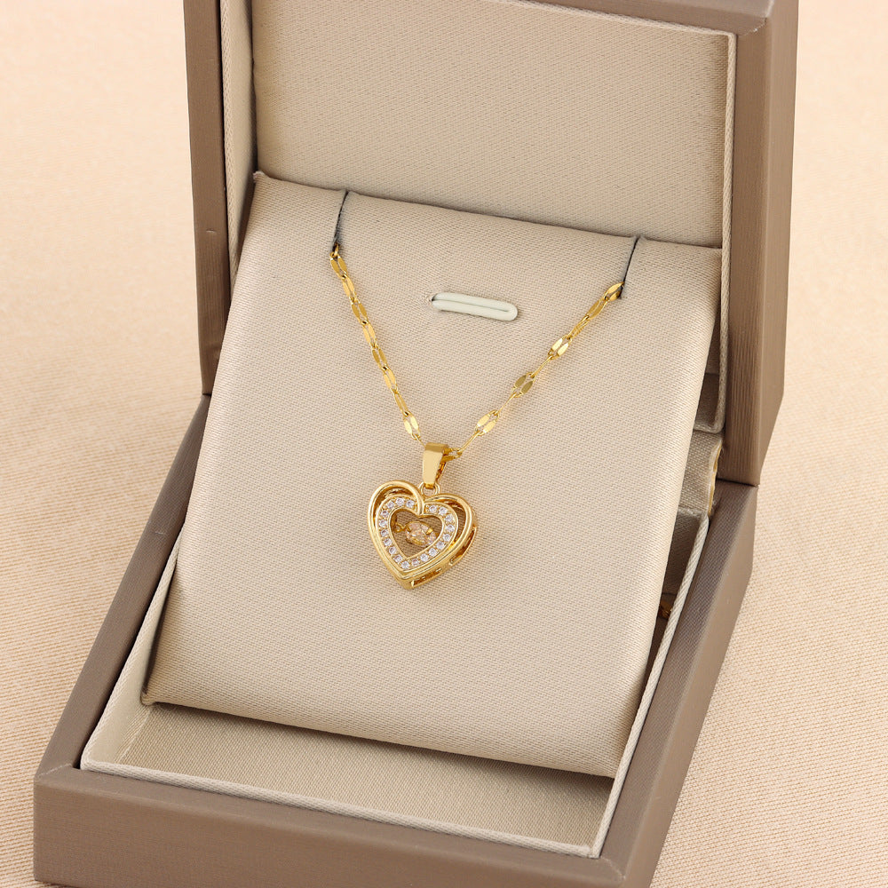 Women’s Double Layer Love Necklace – Rhinestone Titanium Steel Pendant, Valentine’s Day Gift