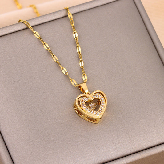 Women’s Double Layer Love Necklace – Rhinestone Titanium Steel Pendant, Valentine’s Day Gift